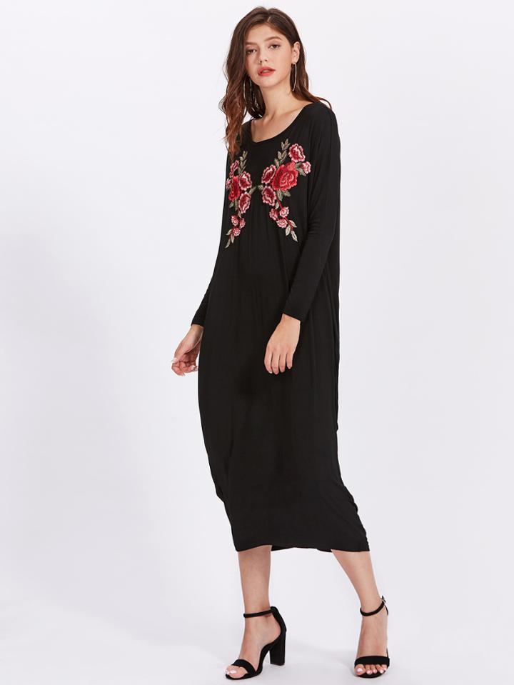 Shein Embroidered Flower Patch Strappy V Back Cocoon Dress