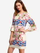 Shein Multicolor Three Quarter Sleeve Flower Print Dress