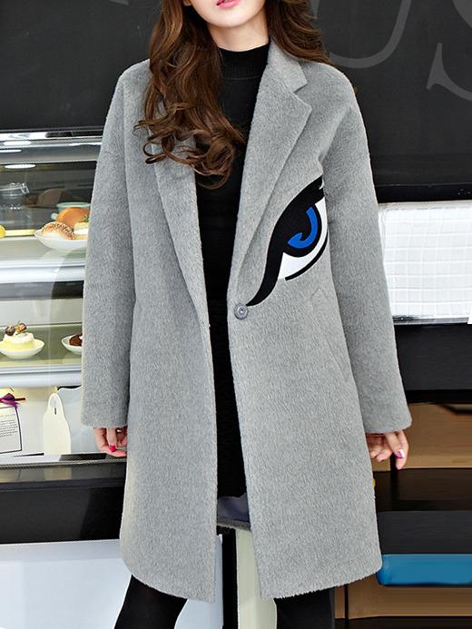 Shein Grey Lapel Eye Embroidered Woolen Coat
