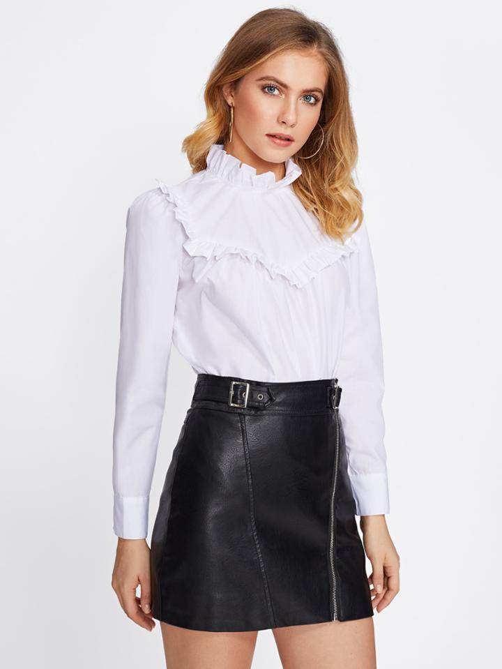 Shein Frill Trim Keyhole Back Blouse
