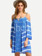 Shein Blue Cold Shoulder Ikat Print Patchwork Lace Dress
