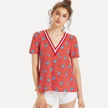 Shein Striped V-neck Flamingo Print Top