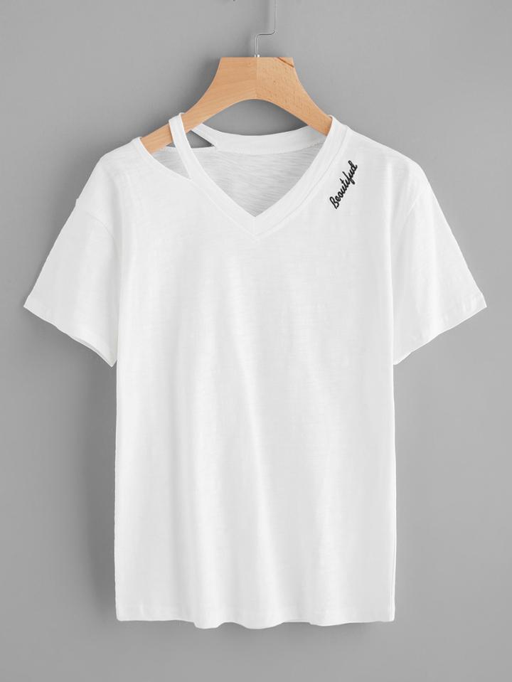 Shein Cut Out V Neckline Letter Embroidered Tee