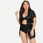 Shein Plus Contrast Lace Robe With Thong & Belt