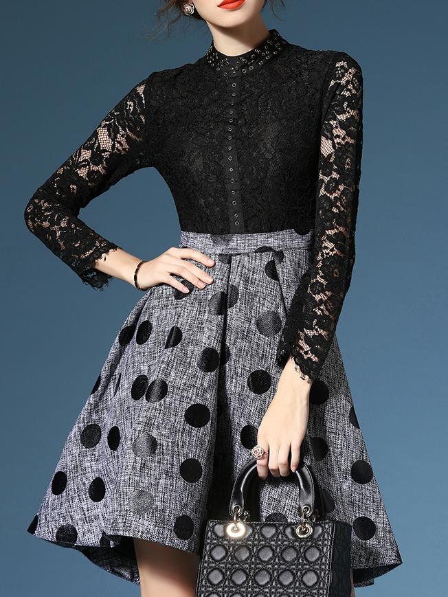 Shein Black Polka Dot High Low Lace Dress