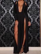 Shein Black Deep V Neck Split Stunning Maxi Dress Slutty Longsleeve Kaftan