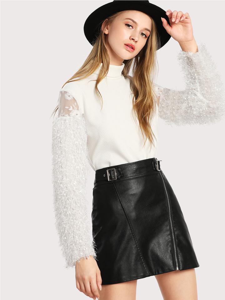 Shein Contrast Mesh And Faux Fur Sleeve Ribbed Tee