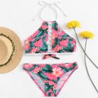 Shein Crisscross Insert Tropical Print Bikini Set