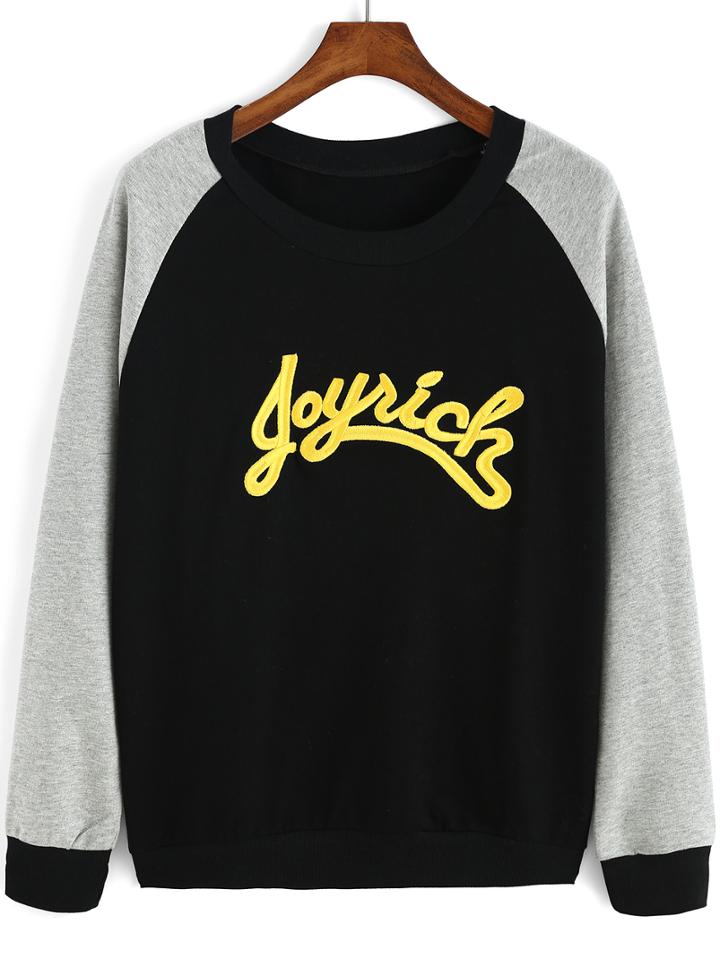 Shein Colour-block Round Neck Letters Embroidered Sweatshirt