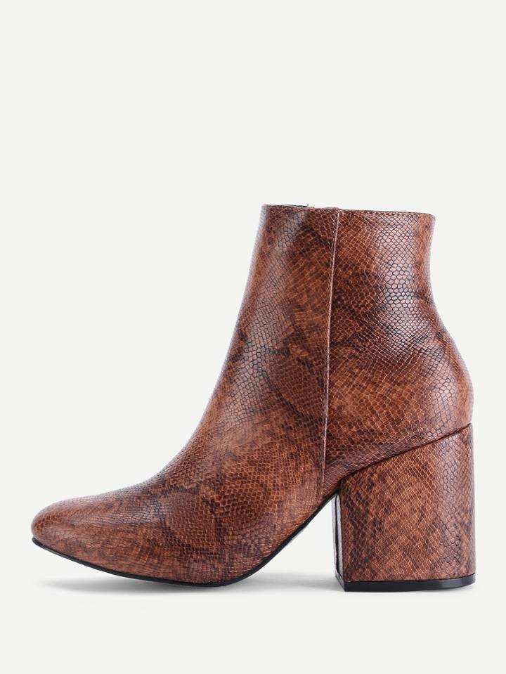 Shein Snakeskin Print Pu Block Heeled Boots