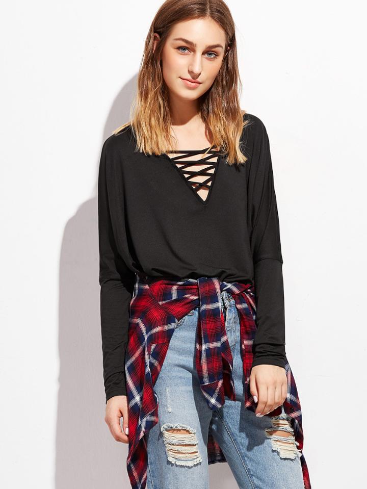 Shein Black Crisscross V Neck T-shirt