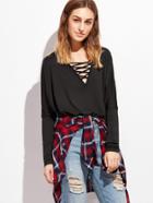 Shein Black Crisscross V Neck T-shirt