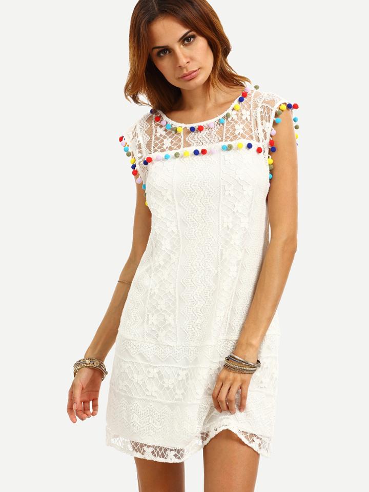 Shein White Cap Sleeve Pom-pom Trim Shift Dress