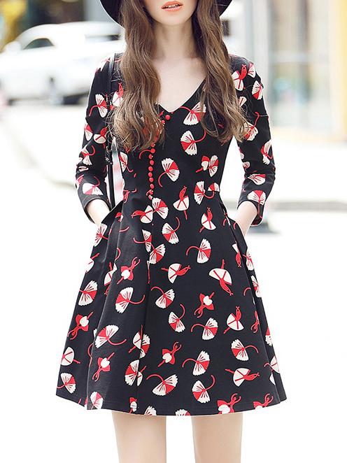 Shein Black V Neck Umbrella Print Pockets A-line Dress