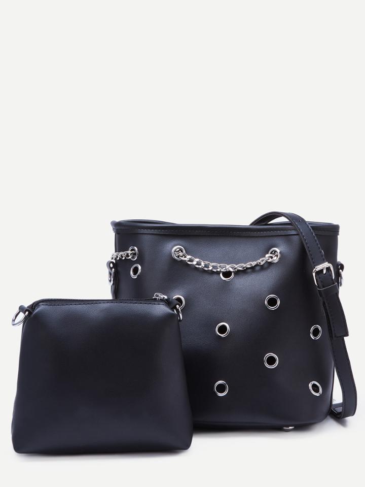 Shein Black Metal Eyelet Chain Bucket Bag With Clutch Bag