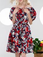 Shein Multicolor Boat Neck Bowknot Floral A-line Dress
