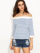 Shein Blue White Striped Off The Shoulder T-shirt