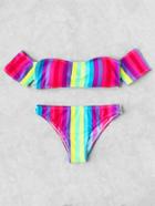 Shein Block Striped Off The Shoulder Bikini Set