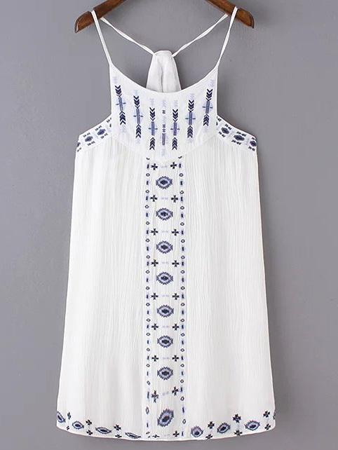 Shein White Embroidery Spaghetti Strap Cotton Hemp Dress
