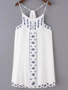 Shein White Embroidery Spaghetti Strap Cotton Hemp Dress
