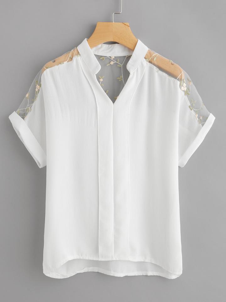 Shein Embroidery Mesh Panel Cuffed Blouse