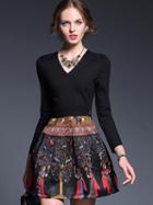 Shein Black V Neck Long Sleeve Drawstring Print Dress