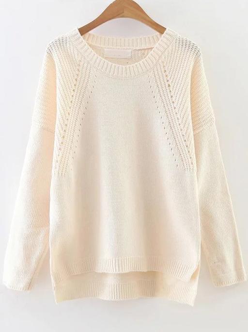 Shein Beige Hollow Out Drop Shoulder Dip Hem Sweater