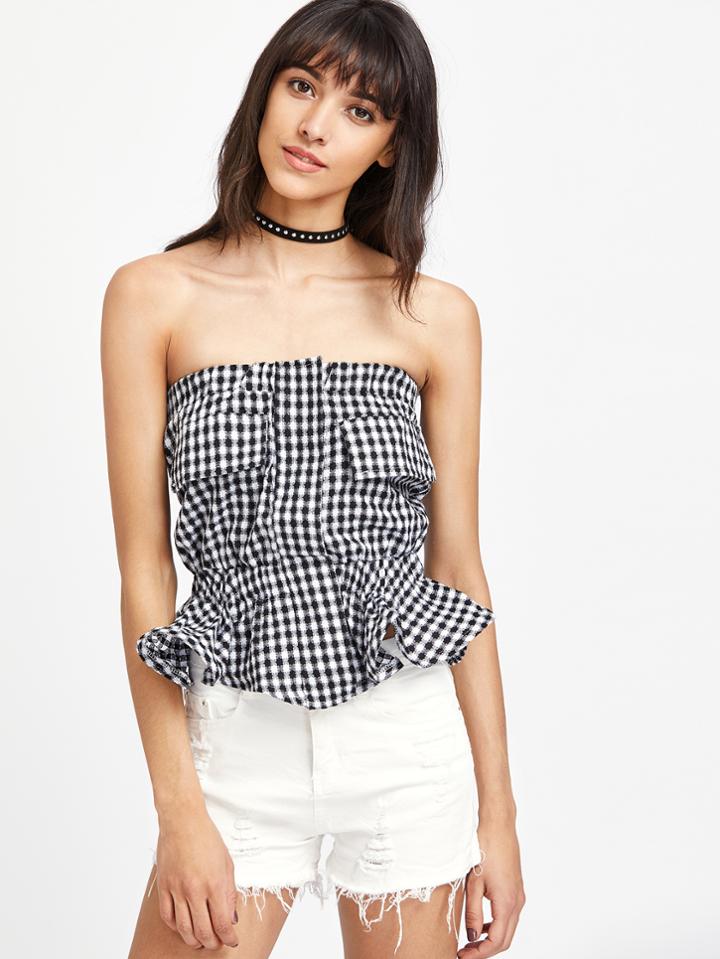 Shein Gingham Bardot Frill Detailed Crop Top