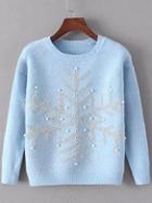 Shein Blue Round Neck Snowflake Patterned Bead Sweater