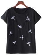 Shein Black Bird Embroidery Casual T-shirt