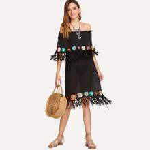 Shein Flounce Trim Fringe Embellished Eyelet Crochet Dress Without Panty