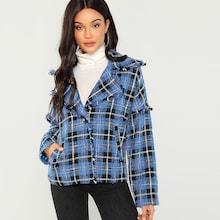 Shein Frayed Trim Pocket Side Plaid Blazer