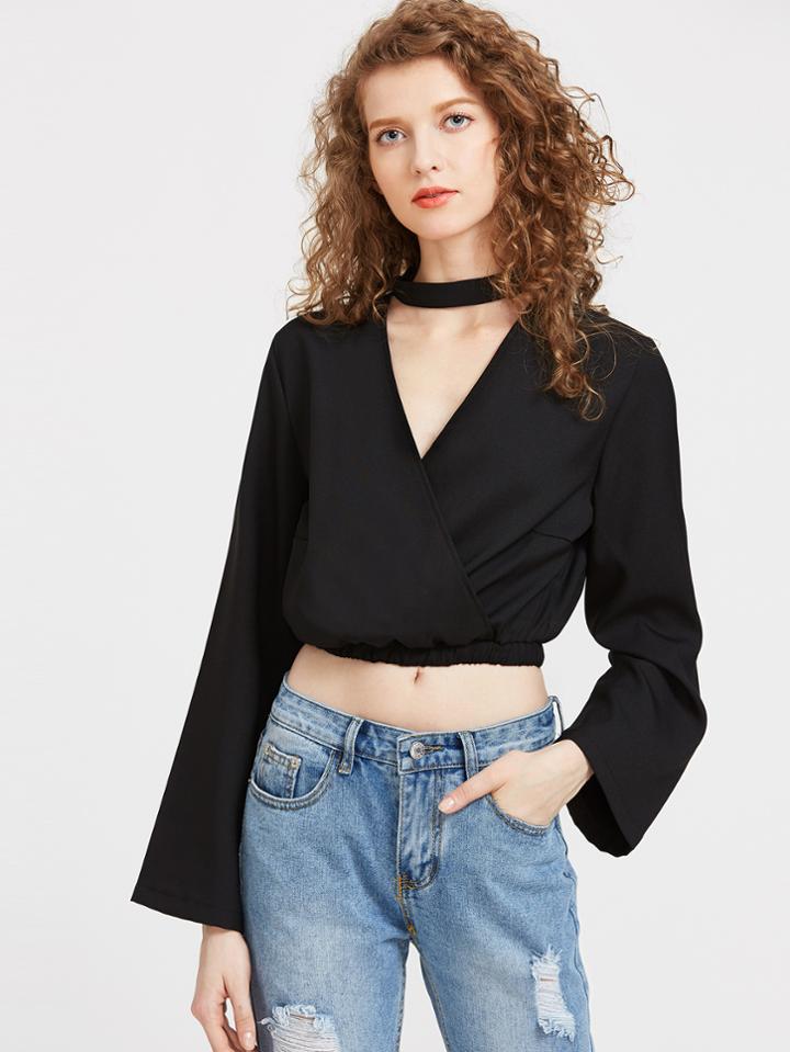 Shein Surplice Neckline Crop Top With Choker Neck