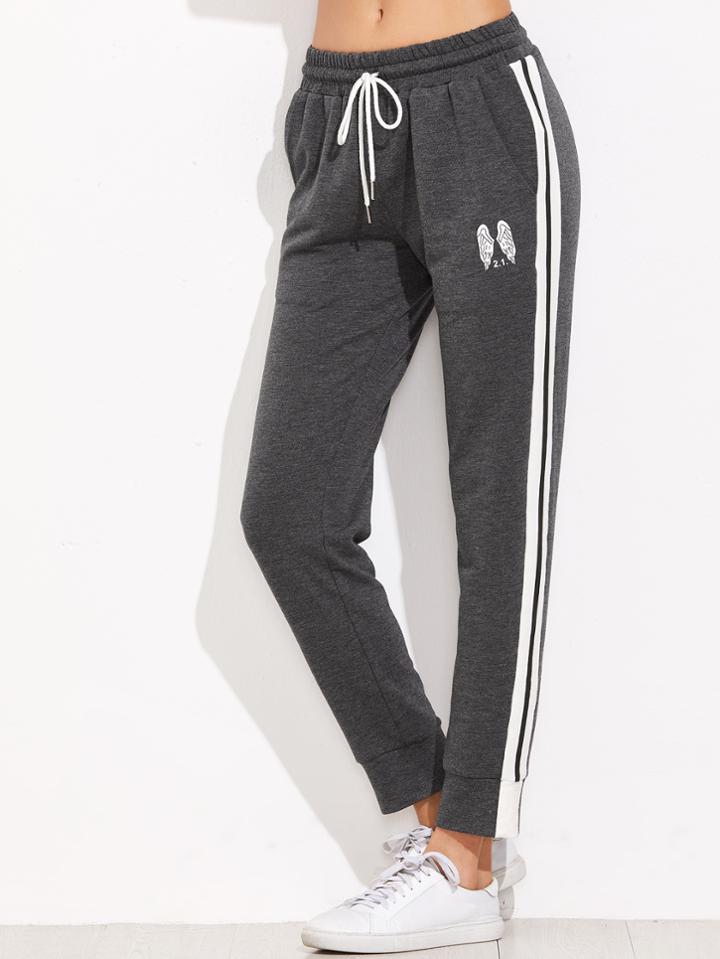 Shein Heather Grey Wings Print Striped Sideseam Sweatpants