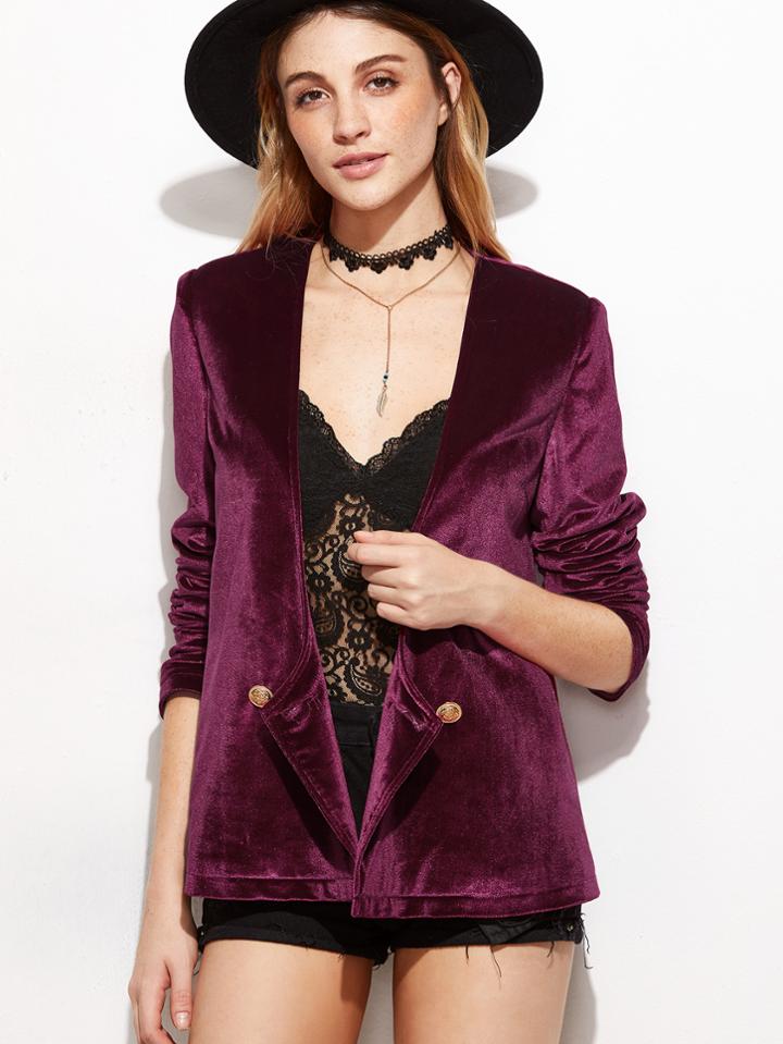 Shein Purple Collarless Double Breasted Velvet Blazer