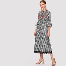 Shein Embroidery Applique Lace Hem Gingham Dress
