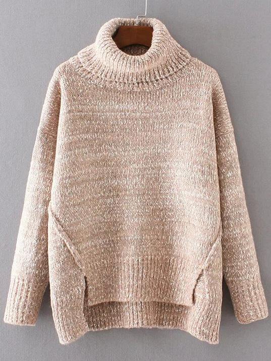 Shein Khaki Turtleneck Dip Hem Sweater