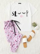 Shein Graphic Top & Allover Print Pants Pj Set