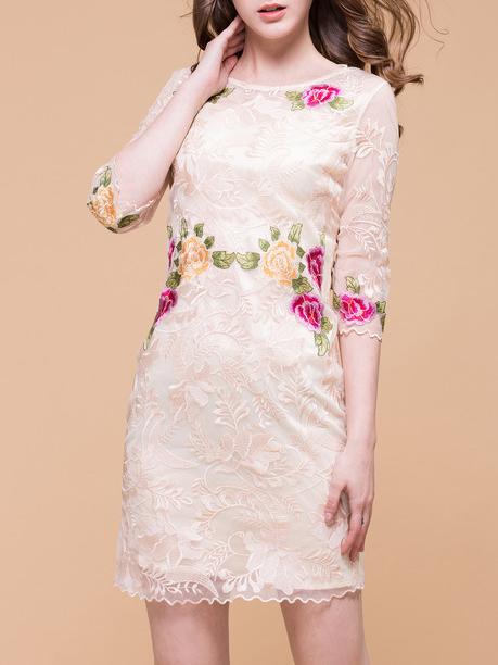 Shein Apricot Gauze Embroidered Applique Pouf Sheath Dress