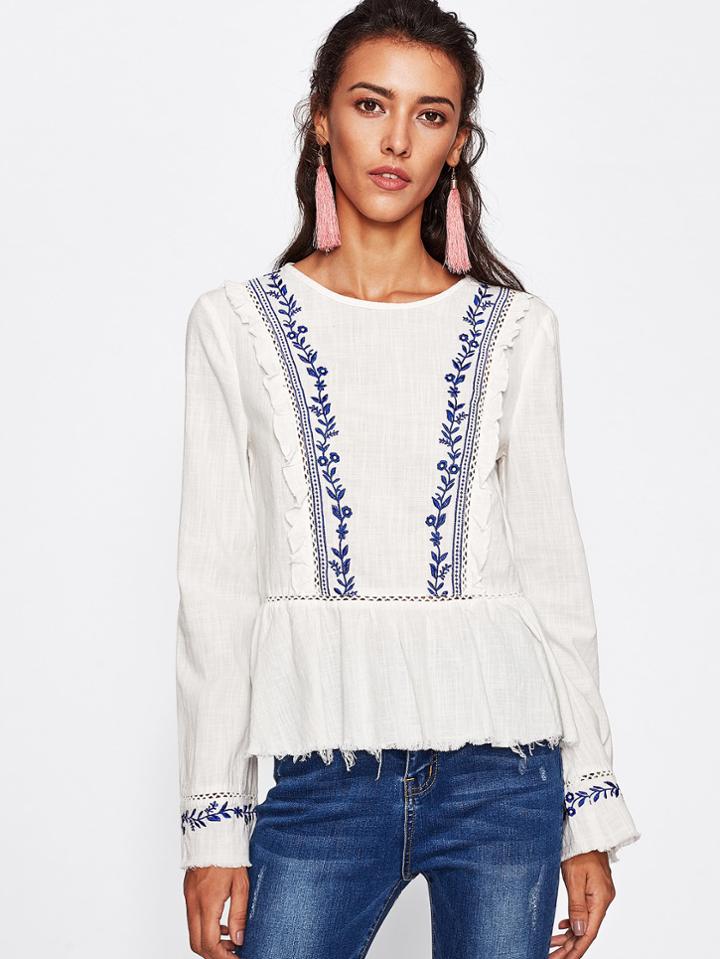 Shein Lace Insert Frill Trim Raw Hem Embroidered Top