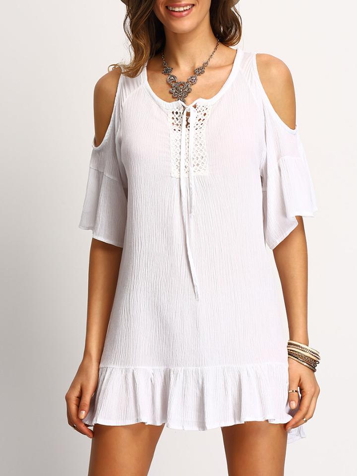 Shein White Open Shoulder Lace Up Ruffle Hem Dress