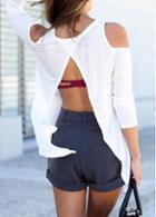Rosewe Cold Shoulder Backless White Long Sleeve T Shirt