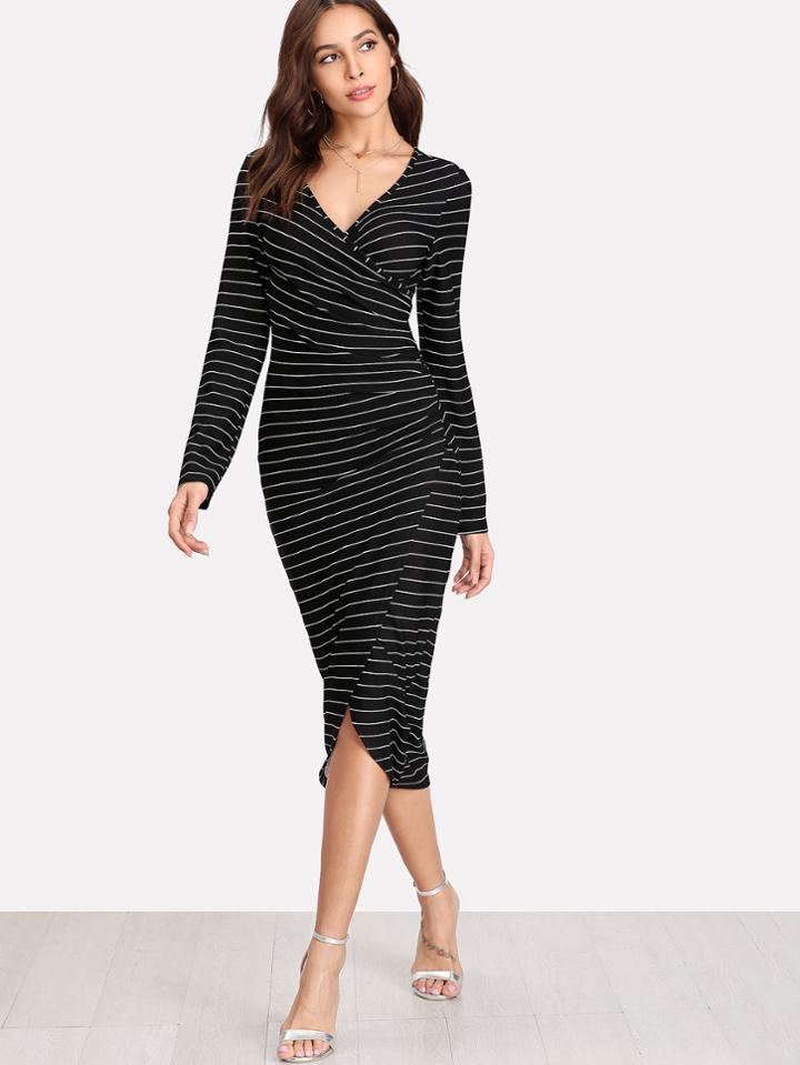 Shein Striped Form Fitting Wrap Dress