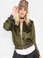 Shein Ribbed Collar Silky Bomber Jacket Olive