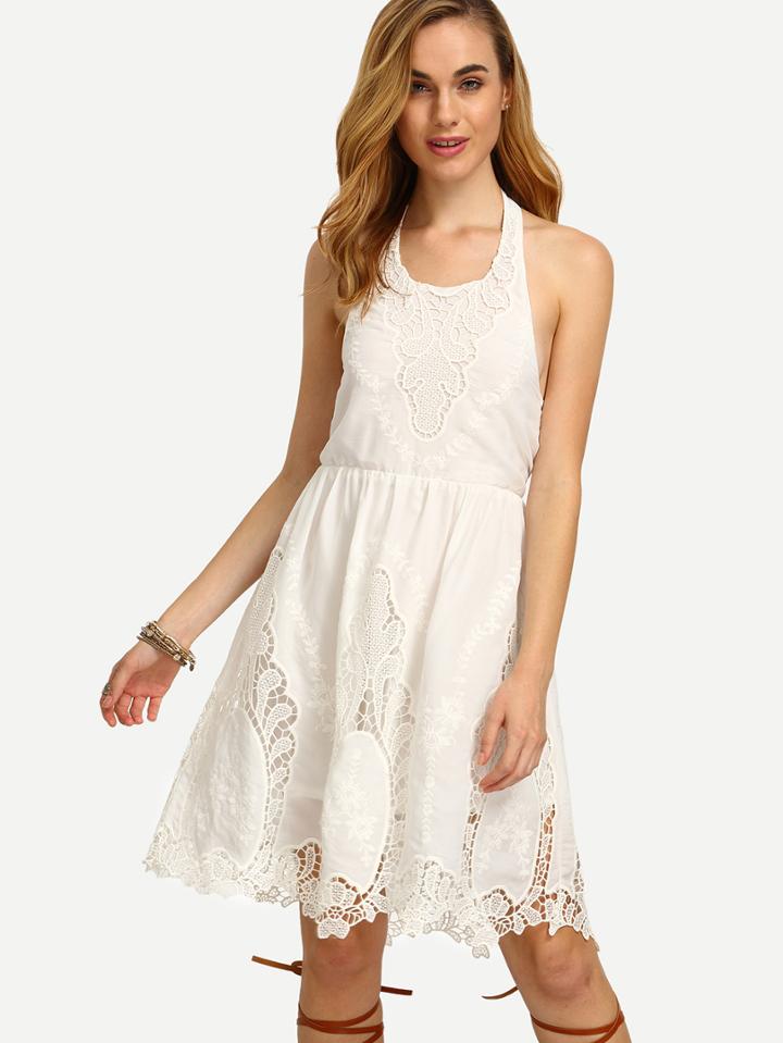 Shein White Halter Neck Crochet Backless Dress