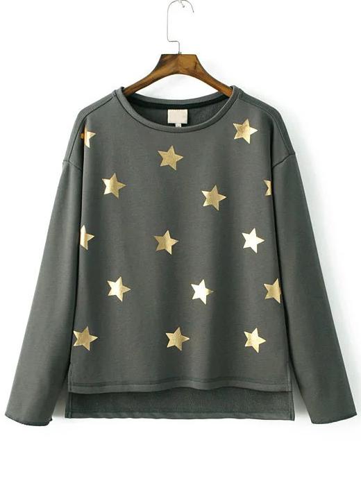 Shein Grey Star Print Dip Hem Sweatshirt