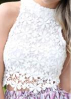 Rosewe Stand Collar Sleeveless White Lace Top