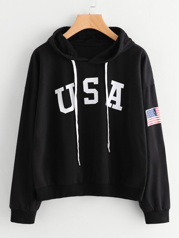 Shein Flag Printed Drawstring Hoodie