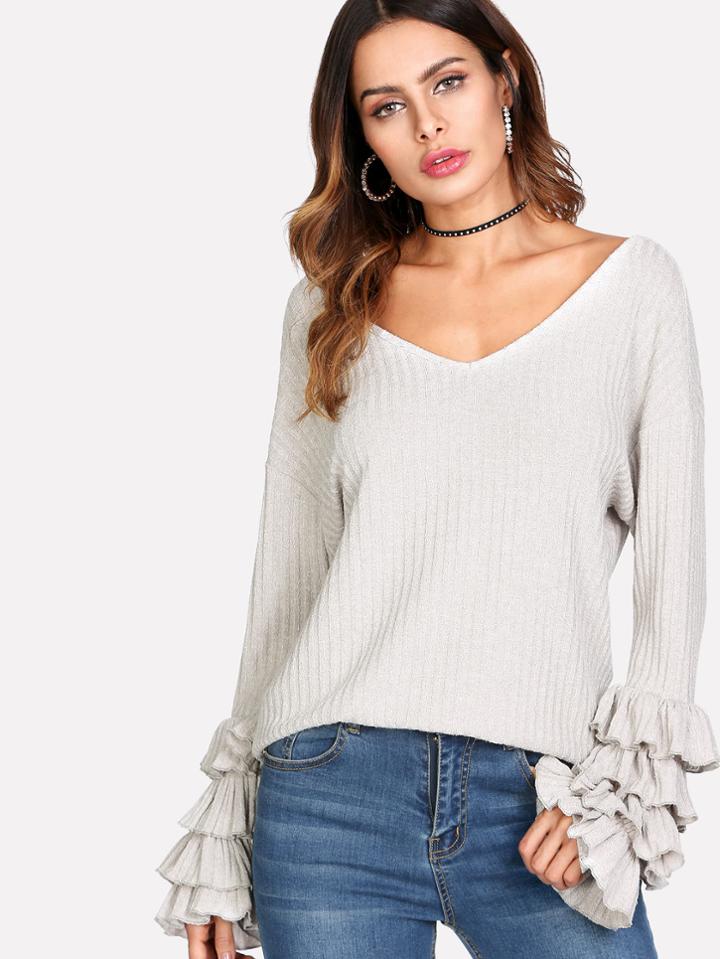 Shein Layered Ruffle Sleeve Rib Knit Tee