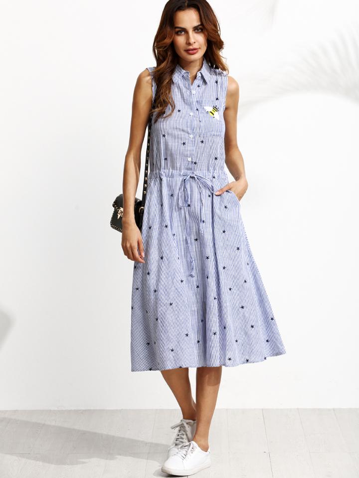 Shein Blue Vertical Striped Embroidered Drawstring Shirt Dress